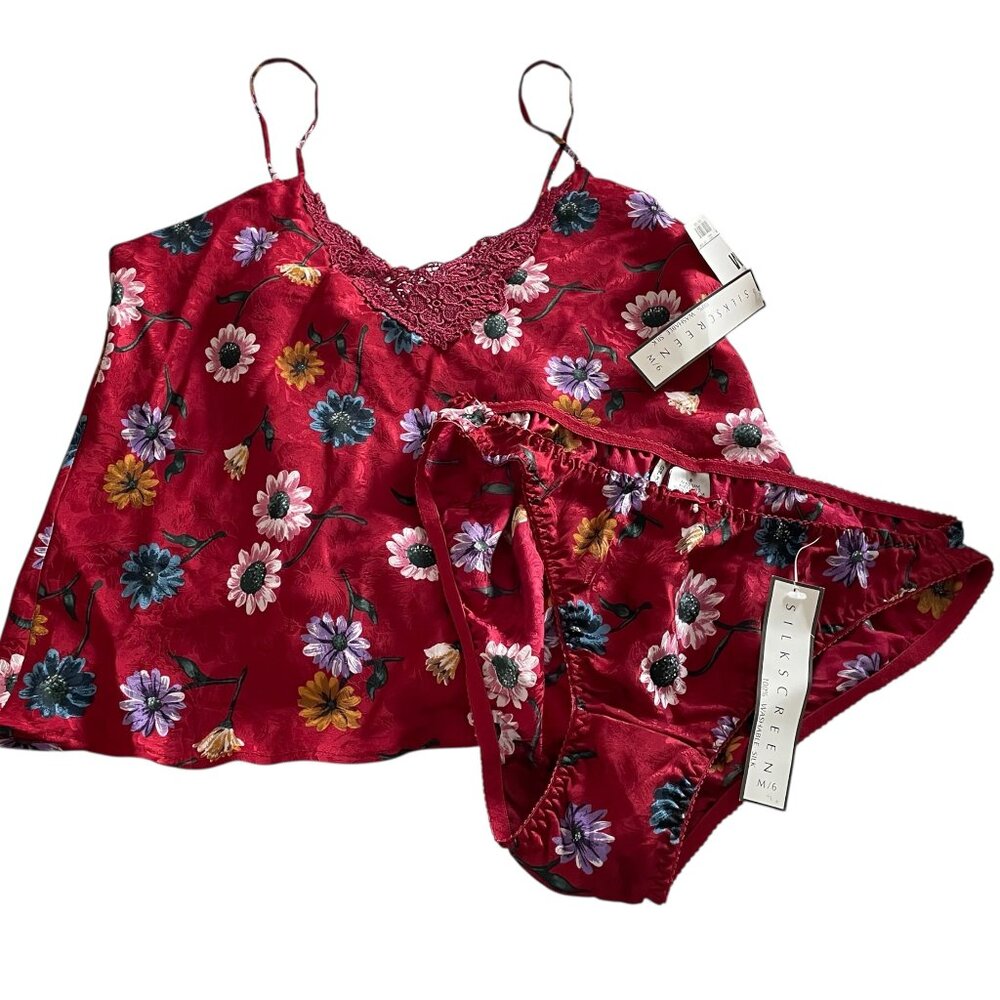 Vintage Deadstock 90s Silkscreen Lingerie Set M Red Floral Silk Cami & Panties